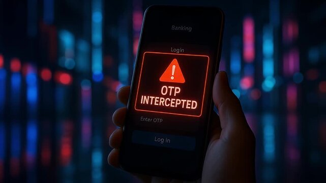 Mobile phone screen warning "OTP Intercepted" represents cybersecurity breach, identity theft, and online banking fraud. Perfect for fintech, data protection, and digital security concepts.