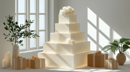 Elegance of Celebration: A grand, multi-tiered cake, a symbol of joyous occasions, stands as the centerpiece, bathed in natural light. This photo captures the essence of refined taste.