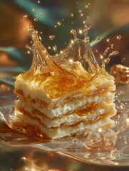Delectable Layers: Captivating shot showcasing a slice of delicious pastry with syrup gracefully cascading over the top, creating a beautiful display.