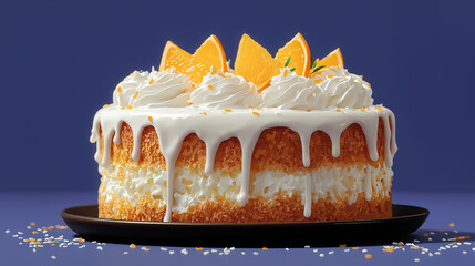 Delectable Orange Cake on a Plate: A mouthwatering orange cake is the centerpiece, artfully presented on a stylish plate. The cake, adorned with fresh orange slices, elegant frosting.