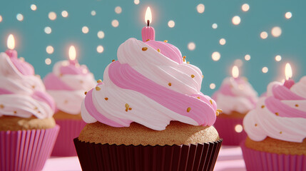 Sweet Celebration: A delightful array of cupcakes with delicate pink and white frosting, each crowned with a lit candle, set against a softly shimmering background.