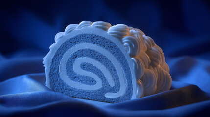 Exquisite Pastry Delight: A perfectly crafted roll cake, frosted to perfection, sits on a soft, elegant surface, the swirl of the inside inviting a moment of sweet indulgence.