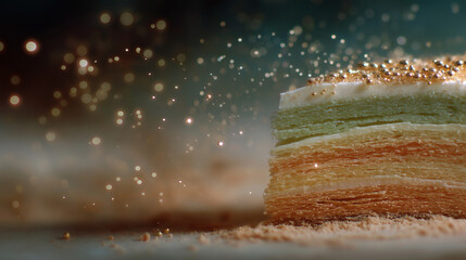 Layered Cake: A mouthwatering, multilayered cake with delicate layers and decorative elements is the focus, representing indulgence and culinary excellence.