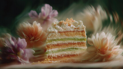 Delightful Layered Cake: A mouthwatering slice of layered cake adorned with delicate frosting and sprinkled with crunchy crumble, accompanied by an array of soft, inviting flowers.