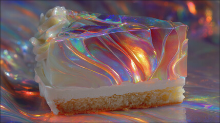 Magical Cake Slice: A slice of cake radiates with a captivating display of iridescent colors, evoking a sense of wonder and enchantment.