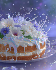 Floral Fantasy Cake: A captivating multi-layered cake is adorned with an exquisite display of fresh white flowers and touches of blue, showcasing an enchanting edible masterpiece. 