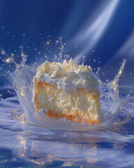 Delectable Cake Splash: A tantalizing slice of cake, garnished with delicate cream, is poised amidst a dynamic water splash, set against a stunning blue backdrop. 