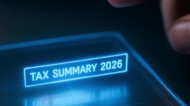Tax summary 2026 glowing hologram and digital interface with finger pointing on futuristic technology for finance and accounting innovation in blue light dark background