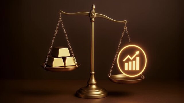 Golden balance scale with gold bars one side and glowing financial growth icon and chart other, symbolizing wealth, investment, financial growth, economy, and economic value comparison for smart