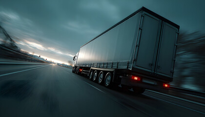 Oncoming huge semi-trailer truck riding on the highway. Closeup animation