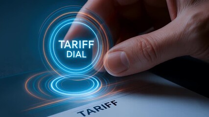 Tariff dial concept with hand adjusting futuristic digital interface glowing blue light, symbolizing pricing control, economic adjustment, and advanced technology for effective tariff management - Powered by Adobe