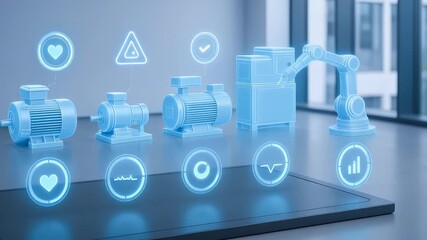 Blue holographic industrial motor and robotic arm icons floating above digital tablet in modern office illustrating smart automation technology with futuristic glowing interface and control panel - Powered by Adobe