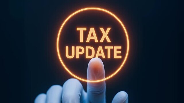 Glowing "Tax Update" button pressed by a finger symbolizes financial news, tax regulation changes, and accounting alerts. Great for finance, government, and business compliance concepts.