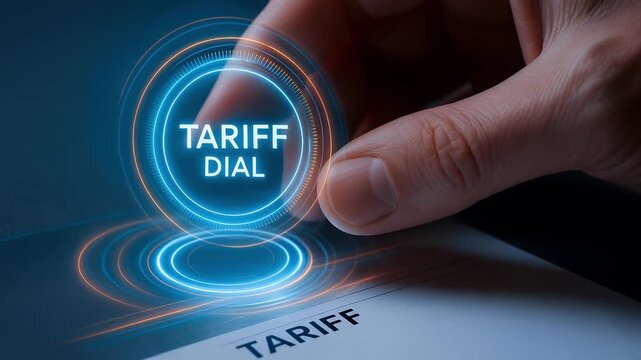 Tariff dial concept with hand adjusting futuristic digital interface glowing blue light, symbolizing pricing control, economic adjustment, and advanced technology for effective tariff management