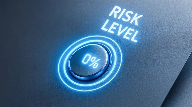 Finger pressing illuminated button showing percentage symbol for risk level adjustment, control, and decision management in futuristic digital interface with glowing blue light