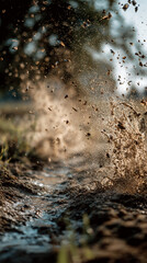 Muddy path with dramatic splash and flying debris, motion blur and bokeh effect