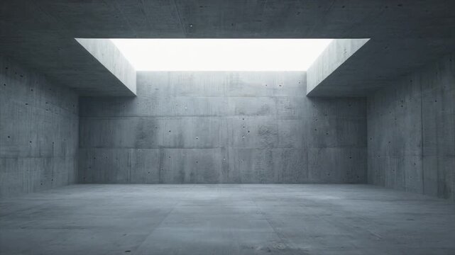 Empty concrete room with skylight and minimalist architecture.