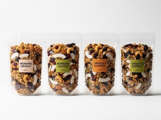 Four packs of granola isolated on white background