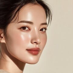 Fototapeta premium Beauty portrait of young East Asian woman with clear glowing skin in close up view. Natural female skincare model with healthy luminous complexion for cosmetic advertising