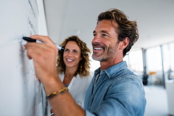 Two European business professionals working together at whiteboard in modern office. Male and female colleagues reviewing ideas and planning strategy in bright workplace