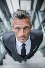 Fototapeta premium Focused European business man executive standing on modern glass staircase looking up from above. Ambitious professional male leader in early 40s showing determination leadership and strategic vision