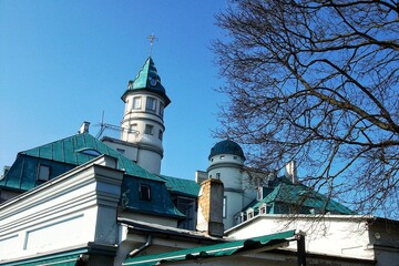 Exterior facade of historic Hotel Majori building with distinctive corner tower in the seaside...