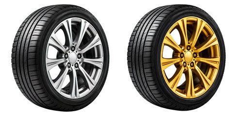 Car Tires with Silver and Gold Alloy Wheels on Black Background, generative ai