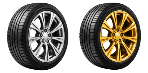 Car Tires with Silver and Gold Alloy Wheels on transparent Background, generative ai