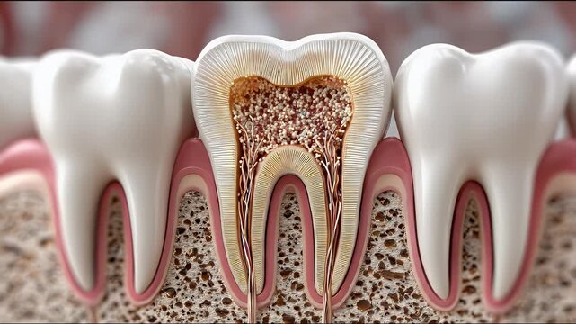Detailed 3 d anatomical illustration of human teeth showcasing internal structures with intricate textures realistic colors and dental health context