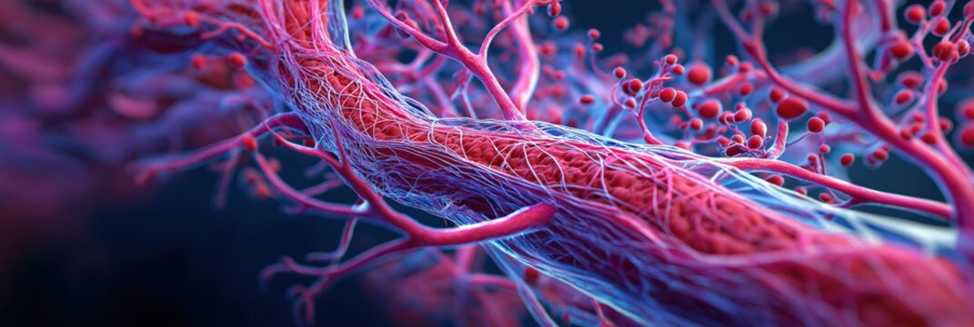 Wide banner illustration of human blood vessel network with flowing red blood cells. Hyperrealistic medical anatomy background showing arteries veins and capillaries in macro view