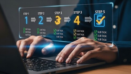 Person working on laptop with project management workflow