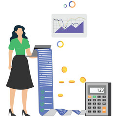 Businesswoman analyzing financial data with laptop and calculator