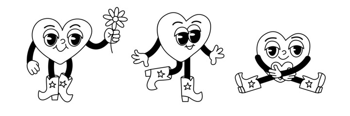 Obraz premium Groovy hearts cartoon set with different emotions and poses. Retro style love characters isolated on white background.