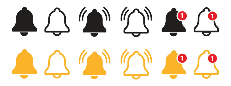 Notification bells icon. Ringing bell with new notification for alarm clock and smartphone application alert or new message. Bells is shaking to alert new notifications, ​for web site, logo, app, UI