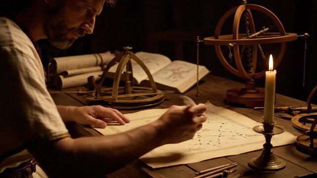 Bearded man as Greek astronomer marking constellations on parchment. Ancient stargazing and celestial mapping in candlelit study. Historical astronomy education footage.