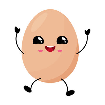 Happy kawaii egg character with smiling face and joyful emotion. Minimal cartoon food illustration isolated on white background.