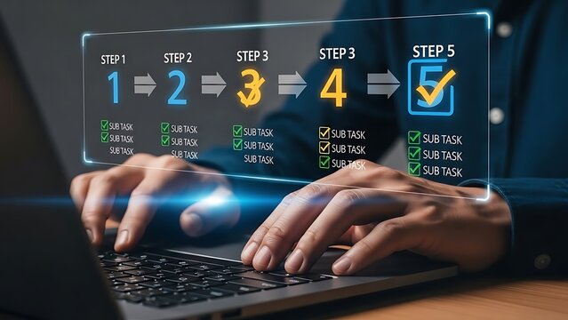 Person working on laptop with project management workflow - Powered by Adobe