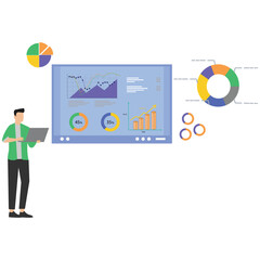 Businessman presenting data analysis on large screen with colorful graphs