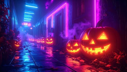 Halloween night Jack-o'-lanterns glow with neon lights on a dark street filled with autumn leaves and a bit of fog