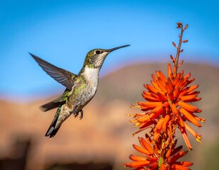 Fototapeta premium Hummingbird hovering near vibrant orange blooms, clear blue sky and blurred brown mountains in the background