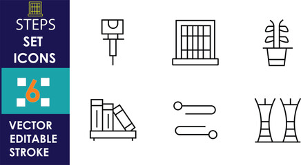 Minimal steps set icons showing furniture, plant, bookshelf, electrical plug, window, curtains, controls, editable stroke vector outline design for interior navigation and UI. © Nagesh