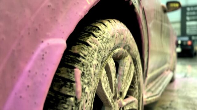 A car wheel covered in thick pink foam during a wash creates a dramatic close-up scene showing wet textures, motion, and the fresh cleaning process in a modern car wash setting