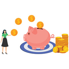 Woman saving money with piggy bank and coins