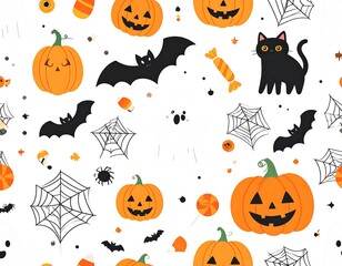 Halloween pattern features pumpkins, bats, candy, spiderwebs, a ghost, and a black cat scattered on a white background