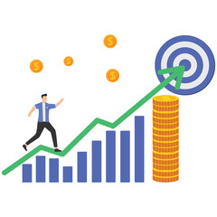 Businessman stepping on growing graph to hit financial target with coins