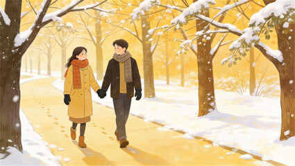 A couple strolling in the snow