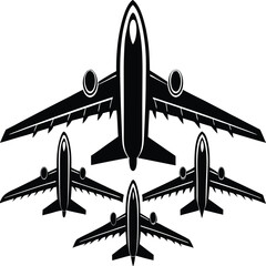 A formation of black silhouette airplanes symbolizing global travel and modern aviation