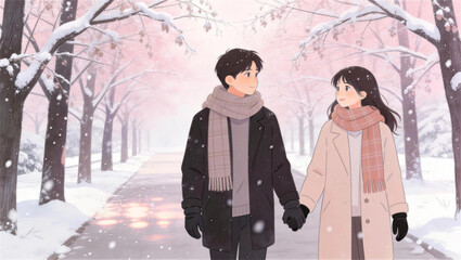 A couple strolling in the snow