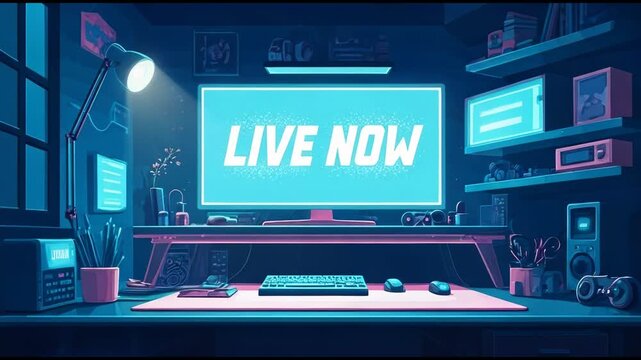 Vibrant Neon 'LIVE NOW' Stream Setup: Retro-futuristic Gaming Desk. Stream starting soon livestream animation opener video. Stream starting soon screen, overlay loop, animated virtual backgrounds