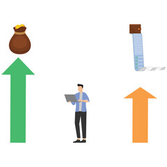 Businessman using laptop with money bag and financial documents